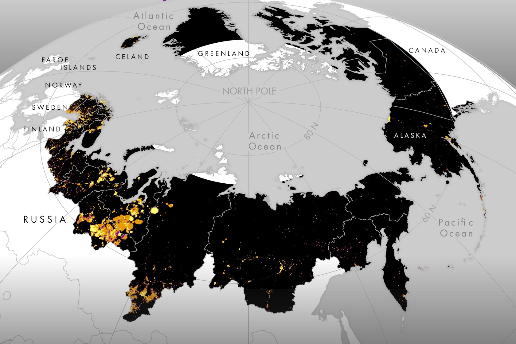 Pan-Arctic light-emitting human activity map showing unlit areas (black) versus lit areas (orange) with significantly increasing (yellow) or decreasing light-emitting human activity (purple) from 1992 to 2013. (Image: Cengiz Akandil, University of Zurich; Natural Earth)